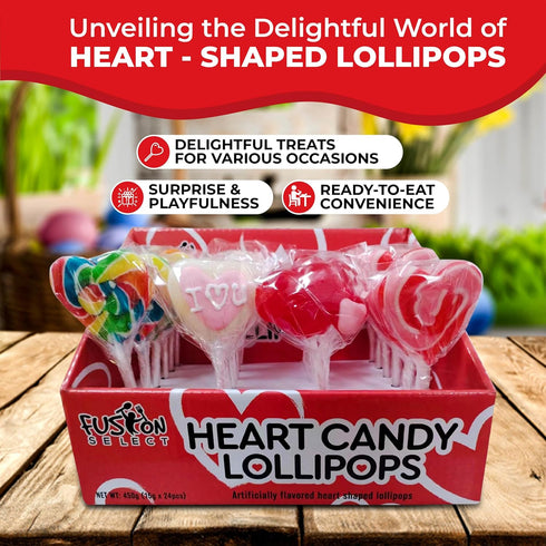 48 Pack, Fusion Select Heart Shaped Lollipops Candy - Sweet Heart Lollipops for Party Bag Fillers, Pinata Stuffers