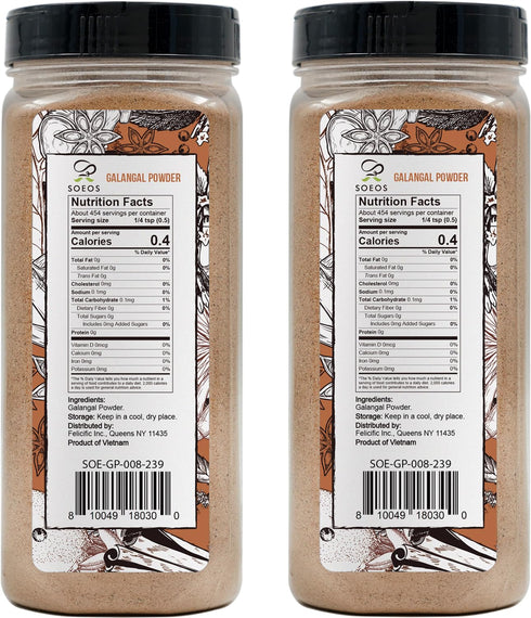 Soeos Galanga Powder 8oz (227g), Twin Pack, 16oz Total, Non-GMO, Kosher, Greater Galanga, Alpinia Galanga, Perfect for Tom Yum and Tom Kha Soups,Product of Vietnam, Galangal Powder for Cooking.