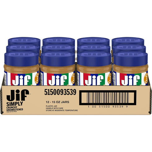 15-Ounce (Pack 12) Jif Simply Crunchy Peanut Butter Spread, Unsweetened, Jar