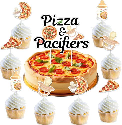 Sursurprise 25PCS Pizza & Pacifiers Baby Shower Cake Topper Cupcake Toppers, Pizza