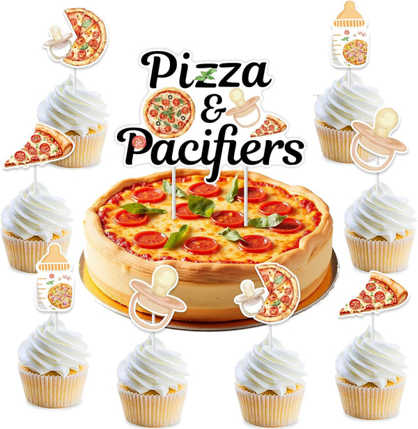 Sursurprise 25PCS Pizza & Pacifiers Baby Shower Cake Topper Cupcake Toppers, Pizza