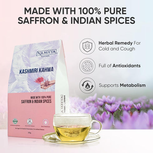 100% 3.53 oz (100 Namhya Kashmiri Kahwa with Pure Saffron, Cardamom, Cinnamon and Rose Petals | NATURAL SPICES | Masala