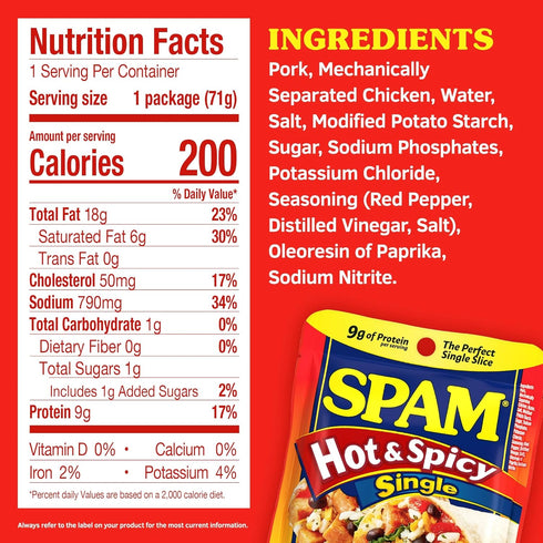 2.5oz (Pack 12) 9g 0g SPAM Single Hot & Spicy Individual Pouch of Fully Cooked Pork and Ham, of Protein, Trans Fat, Low