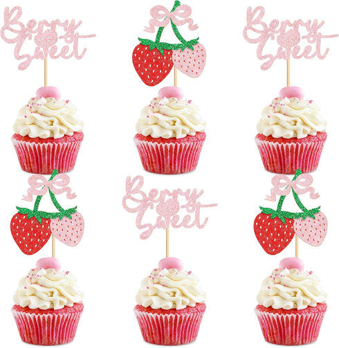 Ercadio 24 Pack Strawberry Cupcake Toppers Glitter Bow Birthday Strawberry Cake Picks