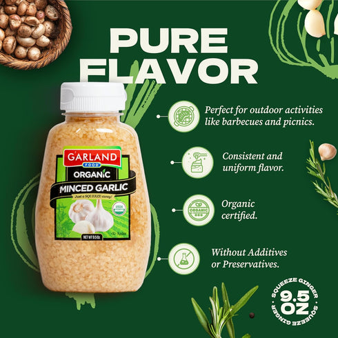 9.5 oz Garland Food Squeezable Organic Minced Garlic Made in the USA - Fresh Flavor, Convenience, and Nutritional Power