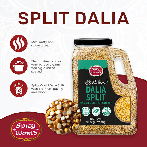 Spicy World 5 LB Daliya Split (Roasted Split Chickpeas Dalia) Bulk Jar - All Natural, Pure, For Chutneys, South Indian