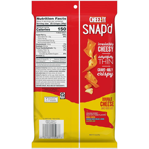 21.6oz (6 Cheez-It Snap'd Cheese Cracker Chips, Thin Crisps, Lunch Snacks, Double Cheese, Case Pouches)