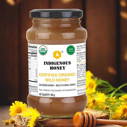 17.64 oz INDIGENOUS HONEY USDA Certified Organic Raw Wild Blossom Honey, Unfiltered Small-Batch Micro-Lot Harvest