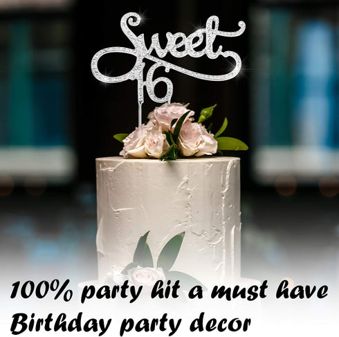 Sweet 16 Cake Topper - Crystal Rhinestone Party Decoration for 16th Birthday or Wedding Anniversary