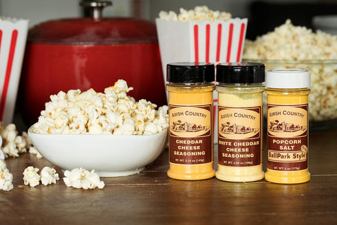 Country 5.5 oz, 4.7 oz 3.8 oz Amish Popcorn | BallPark Style Buttersalt - Cheddar Cheese - & White Cheddar Cheese