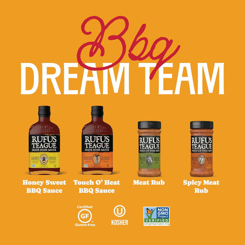 4-Piece Set Rufus Teague BBQ Sauce and Rub Cooking Gift, Saucin' & Rubbin' Kit, Honey Sweet, Touch O' Heat, Spicy