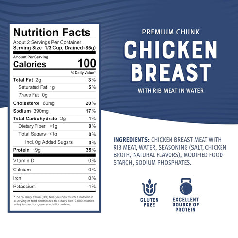 10 oz 19g (Pack 5) Bumble Bee Premium Chicken Breast with Rib Meat, Chunk in Water, Can - Protein per Serving - Gluten