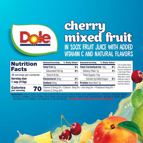 100% 4oz 36 Dole Fruit Bowls Cherry Mixed Fruit in Juice Snacks, Total Cups, Gluten & Dairy Free, Bulk Lunch Snacks