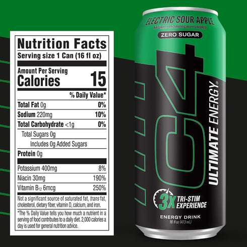 C4 300mg 16oz (Pack 12) Ultimate Zero Sugar Energy Drink, Tri-Stim Experience with Caffeine + TeaCrine + Dynamine