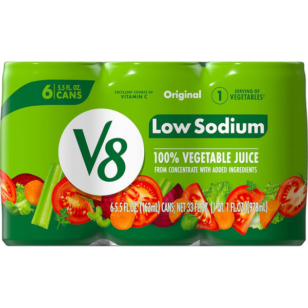 V8 Low Sodium Original 100% Vegetable Juice, 5.5 fl oz Can (6