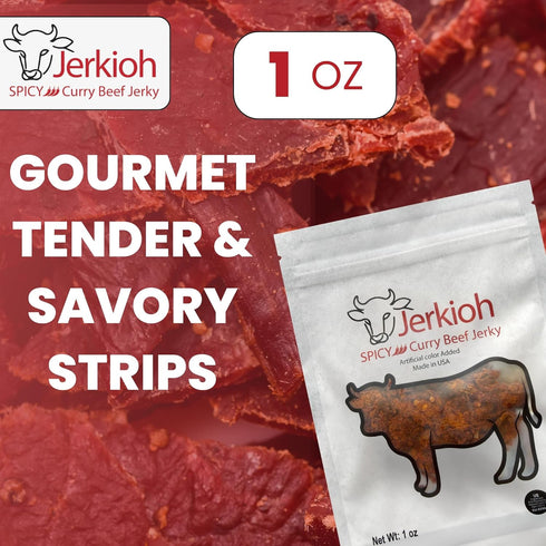 Pack, 1 oz Jerkioh Spicy Curry Premium Beef Jerky Authentic Vietnamese Street Food Flavor with Chili Heat | Gourmet
