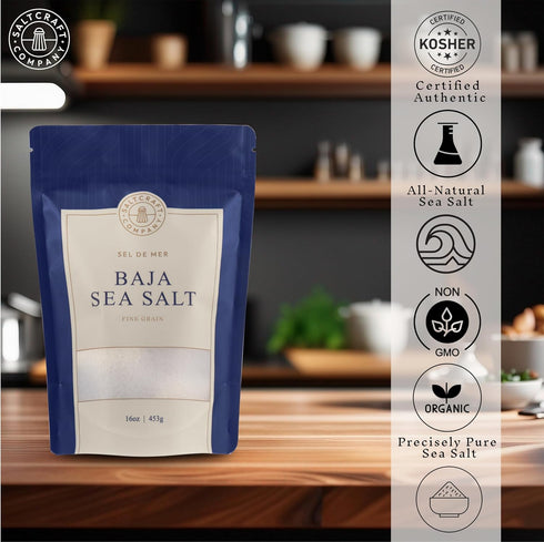 30% 16 oz SALTCRAFT Baja Sea Salt Fine Grain, Kosher Certified, Lower Sodium, Unrefined Mineral Salt Bag