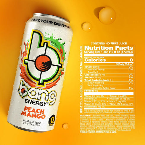 16-Ounce Pack 12 Bang Energy Peach Mango, Sugar-Free Energy Drink, |