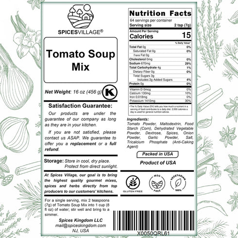 16 oz, Spices Village Tomato Soup Mix, Gluten Free Ramen Base, MSG FreeTomato Soup Base Powder, Kosher