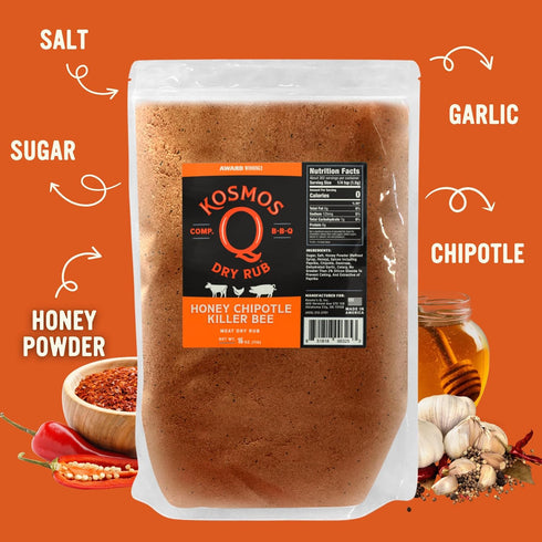 16 Oz Kosmos Q Honey Chipotle Killer Bee BBQ Dry Rub, Sweet and Spicy Seasoning with Sugar, Chipotle, Garlic
