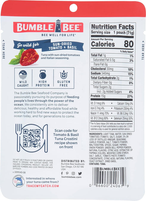 2.5 oz Packet 15g (Pack 4) Bumble Bee Sun-Dried Tomato & Basil Seasoned Tuna, Pouch - Ready to Eat - Wild Caught Tuna