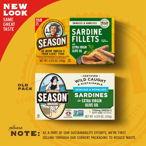 22g 3's 4.37 Oz 12-Pack Season Sardines in Extra Virgin Olive Oil - Skinless & Boneless, Wild Caught, of Protein, Keto