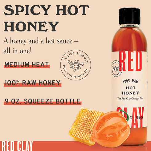 100% 9 oz Red Clay Hot Honey - Gluten Free - Paleo Spicy Honey - Pure, Raw Wildflower Honey - Infused Honey