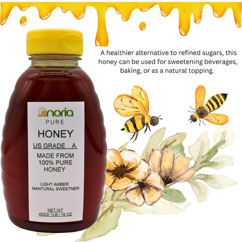 16 Oz Honey by Noria Light Amber, Grade A, Pure & Natural Sweetener for Tea, Coffee, Baking & Cooking