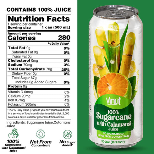 100% 16.9 oz (500 mL) Pack 6 VINUT Sugarcane with Calamansi Juice, No Added Sugar, Not From Concentrate, fl Can