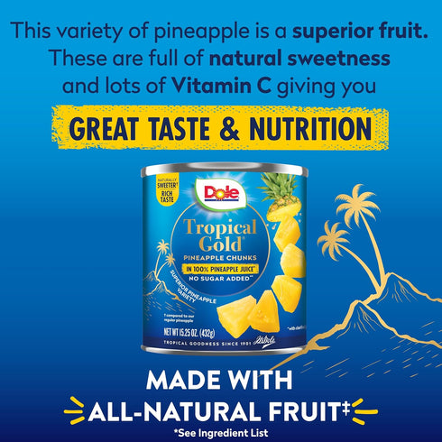 100% 15.25 Oz, 12 Count Dole Canned Fruit, Tropical Gold Pineapple Chunks in Pineapple Juice, Gluten Free, Pantry