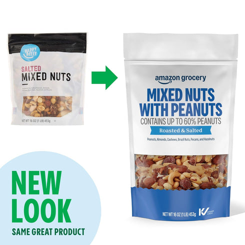 16 Oz Packaging Amazon Grocery, Mixed Nuts with Peanuts, Roasted & Salted, (Previously Happy Belly, May Vary)