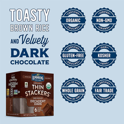 3.3 (Pack 6) Lundberg Organic Thin Stackers Rice Cake, Decadent Dark Chocolate, Fair Trade, Kosher, USDA Certified