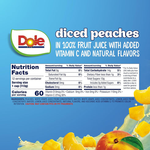100% 4 oz 12 Pack Dole Diced Peaches in Juice - Dole Fruit Bowls Snacks - Fruit Bowls