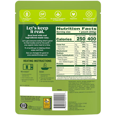 8.5 OZ SEEDS OF CHANGE Organic Brown Jasmine Rice with Cilantro Lime, Organic Food, Pouch