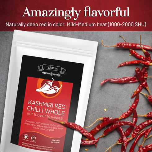 SpiceFix Whole Kashmiri Red Chilli Pepper, Mild to Medium Heat, Sun-Dried Red Pepper, 2.6 Ounces