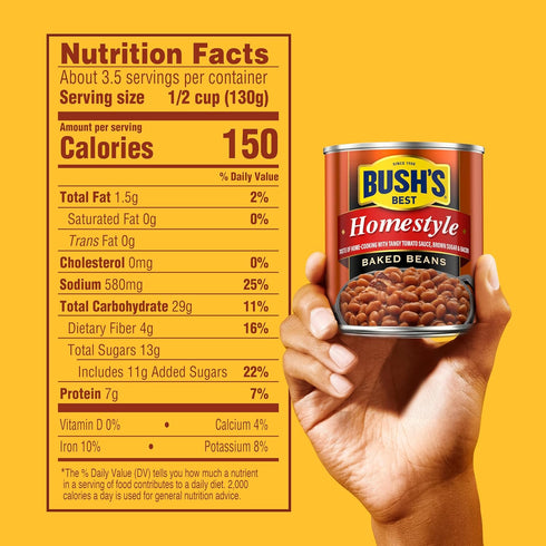 16 oz (Pack 12) BUSH'S BEST Canned Homestyle Baked Beans, Source of Plant Based Protein and Fiber, Low Fat, Gluten