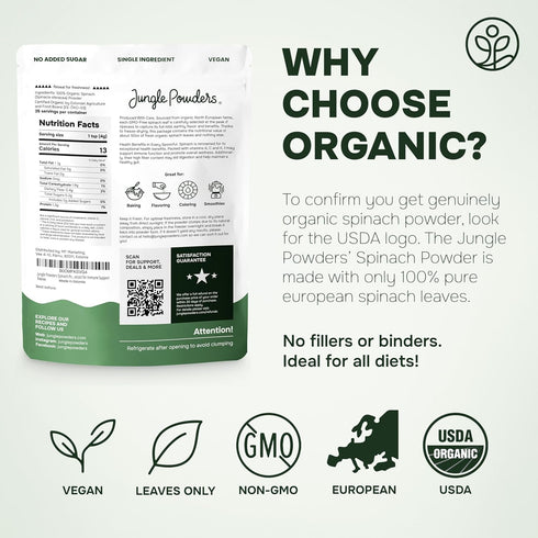 5 Immune Organic Spinach Powder from Whole Leaf Ounce Bag USDA Certified - Antioxidant Rich Smoothies Fresh Freeze