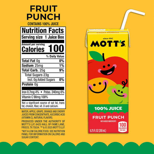 100 6.75 oz 32 Count (4 Packs 8) Mott's Percent Fruit Punch Juice, fl boxes