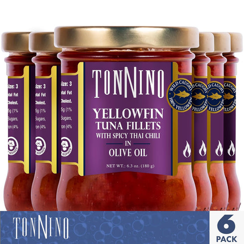 (Pack 6, Tonnino Tuna Yellowfin Fillets of Spicy Thai Chili in Olive Oil)