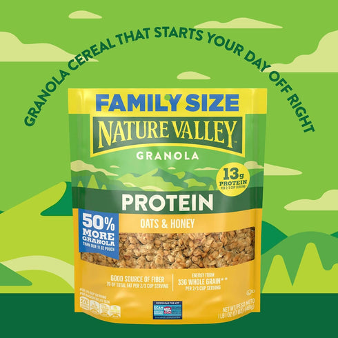 17 oz Nature Valley Protein Granola, Oats and Honey Granola, Resealable Snack Pouch, Family Size