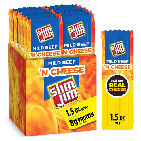 Slim Jim Beef 'N Cheese Smoked Meat Sticks, Mild Flavor, 8g Protein