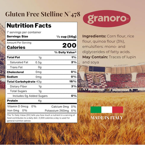 No.478, 14.1 oz (Pack 2) Granoro Gluten Free Stelline Star Pasta Italian Pastina Small Star Soup Pasta, Corn Rice