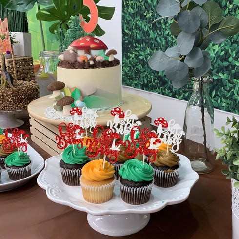 Ephlyn 24Pcs Mushroom Oh Baby Cupcake Toppers Glitter Mushroom Baby Shower Cake Topper Decorations for Spring Mushroom