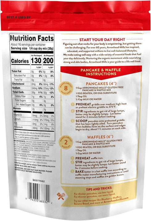 22 oz (Pack 6) Arrowhead Mills Organic Gluten Free Pancake & Waffle Mix, Bag