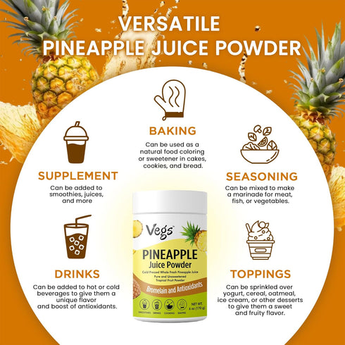 6 oz Vegs Pineapple Juice Powder - Freeze Dried Organic Pineapple Powder with Bromelain & Antioxidants - Sugar-Free