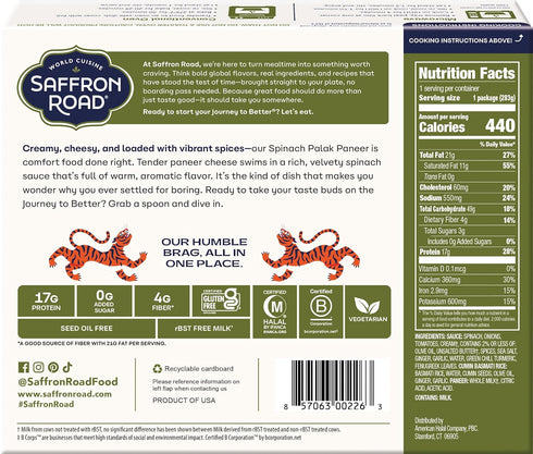 Frozen 10 Saffron Road Spinach Palak Paneer Seed Oil Free, No Artificial Ingredients, Gluten-Free, Vegetarian Ounce