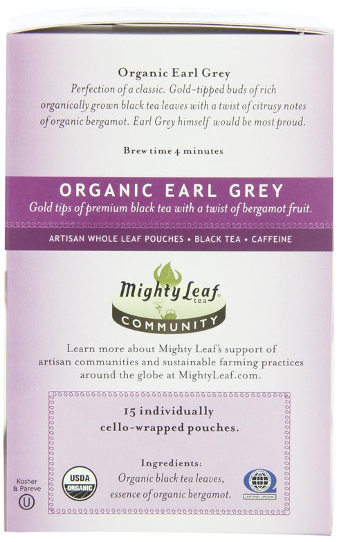 45 Count (15 Pack 3) Packaging Mighty Leaf Organic Earl Grey Black Tea Silken Tea Bags per Box, of Smooth, Aromatic