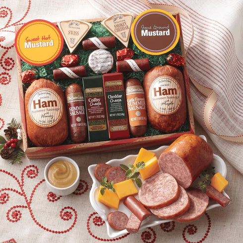 14 Country Summer 1 lb. 13 3/4 oz. The Swiss Colony Favorites Gift Box Assorted Sausage Meats and Cheeses, Mustards