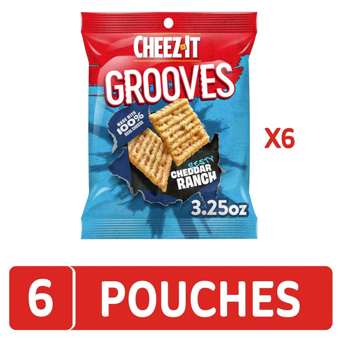 (6 Cheez-It Grooves Crunchy Cheese Crackers, Snack Crackers, Lunch Snacks, Zesty Cheddar Ranch Pouches)