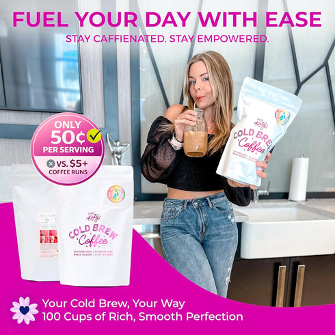 100 20 Packs Katys Cold Brew Coffee Bags (Makes Cups) Smooth, Low-Acid, No Bitter Aftertaste Medium-Dark Brazil Roast